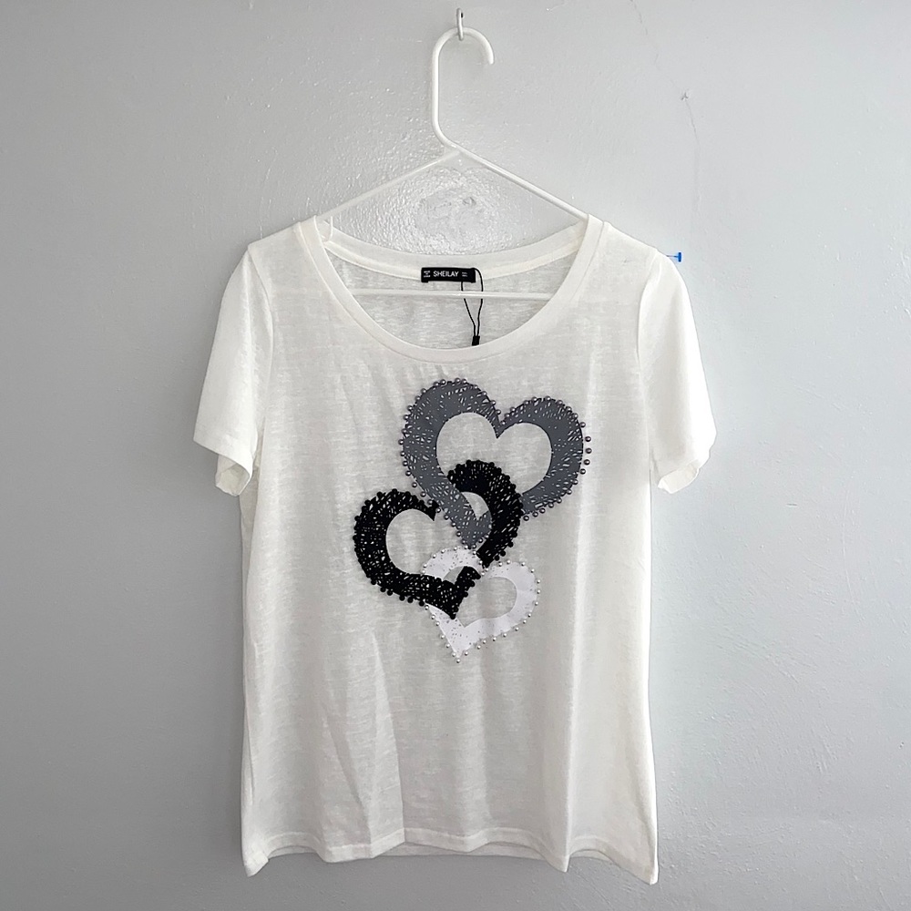 🌈Sheilay White Print Pearl Hearts T-Shirt Size L